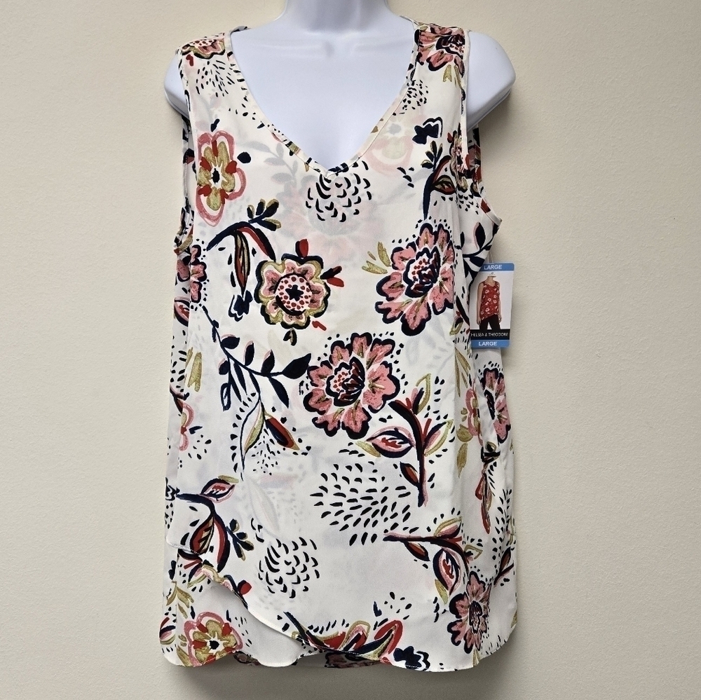 Chelsea & Theodore Whimsical Floral Print Blouse White L - Picture 9 of 9